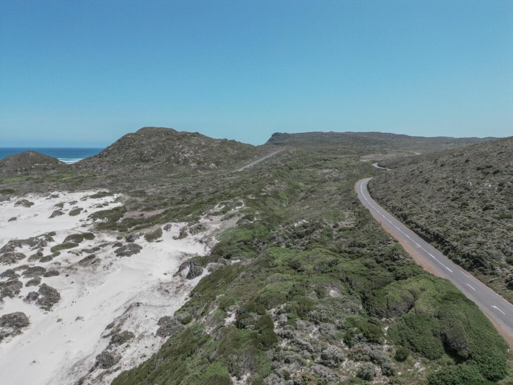 Drone picture of road and beach
